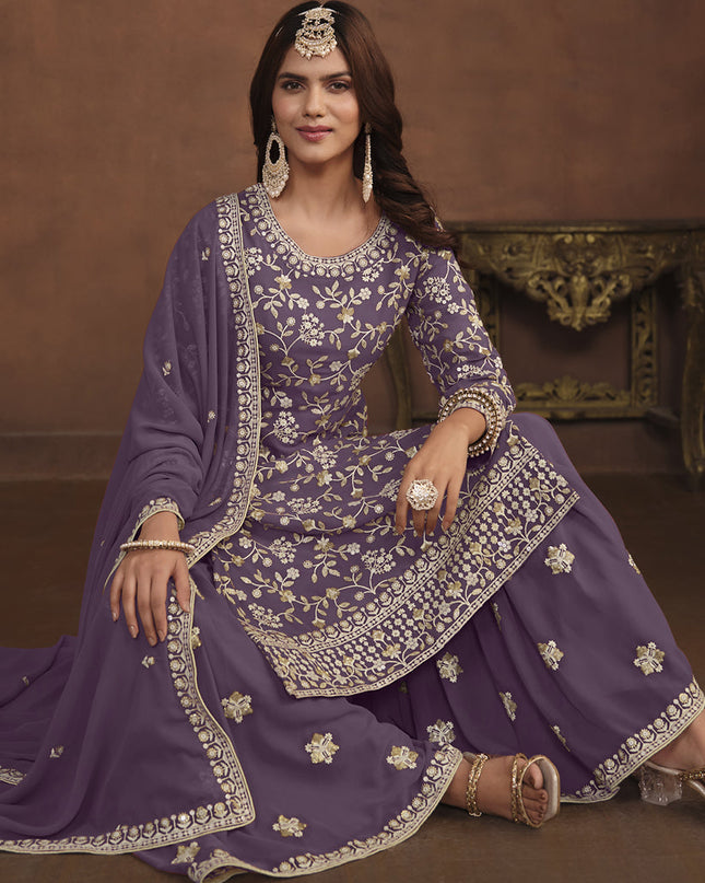 Dusty Purple Faux Georgette Embroidered Palazzo Kameez