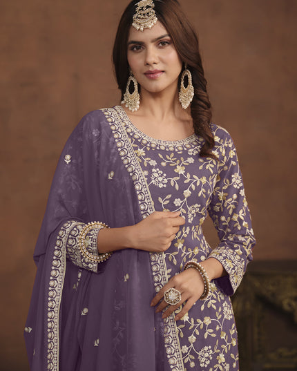 Dusty Purple Faux Georgette Embroidered Palazzo Kameez
