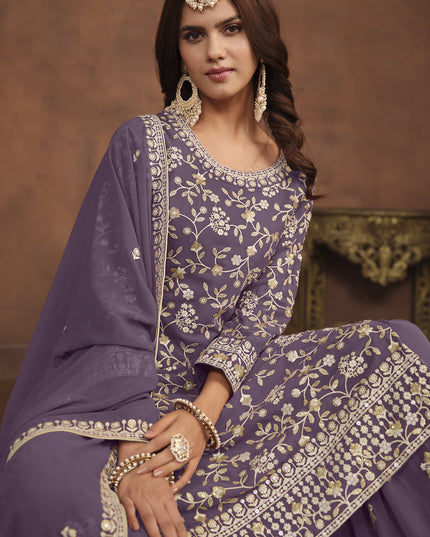 Dusty Purple Faux Georgette Embroidered Palazzo Kameez