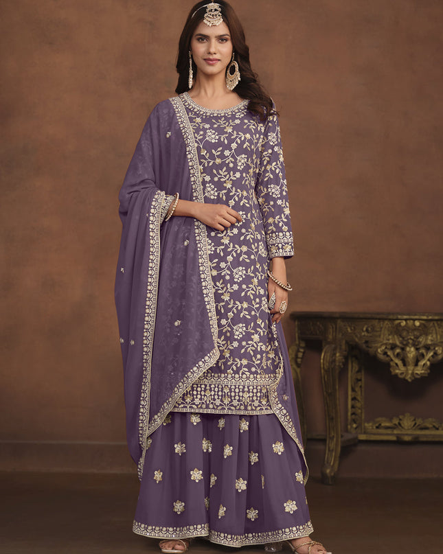 Dusty Purple Faux Georgette Embroidered Palazzo Kameez