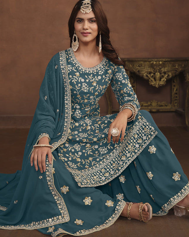 Teal Blue Faux Georgette Embroidered Palazzo Kameez