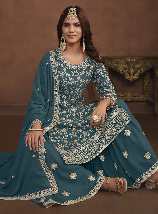 Teal Blue Faux Georgette Embroidered Palazzo Kameez