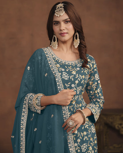Teal Blue Faux Georgette Embroidered Palazzo Kameez