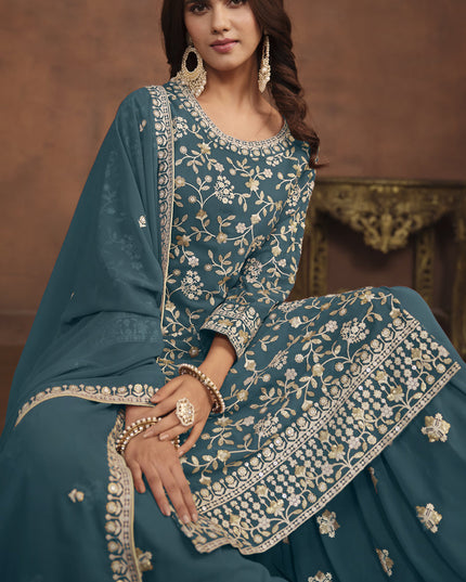 Teal Blue Faux Georgette Embroidered Palazzo Kameez