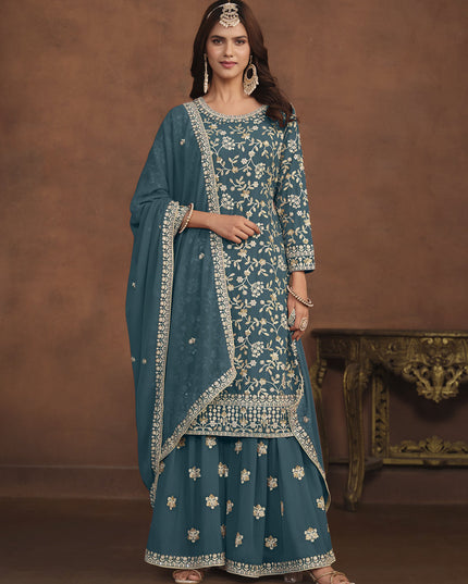 Teal Blue Faux Georgette Embroidered Palazzo Kameez