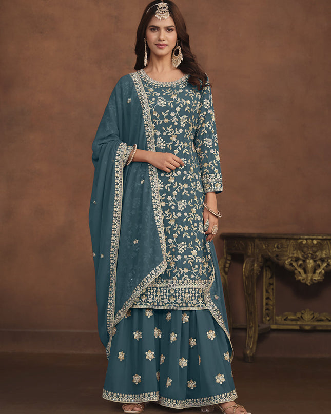 Teal Blue Faux Georgette Embroidered Palazzo Kameez