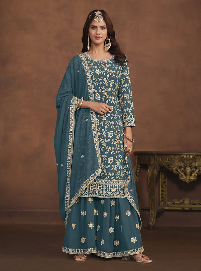 Teal Blue Faux Georgette Embroidered Palazzo Kameez