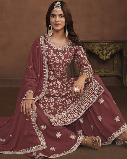 Rose Taupe Faux Georgette Embroidered Palazzo Kameez