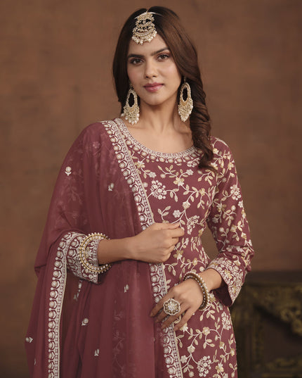 Rose Taupe Faux Georgette Embroidered Palazzo Kameez