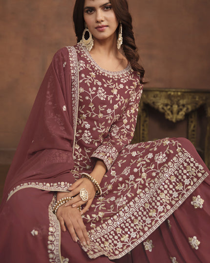 Rose Taupe Faux Georgette Embroidered Palazzo Kameez