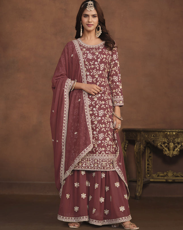 Rose Taupe Faux Georgette Embroidered Palazzo Kameez