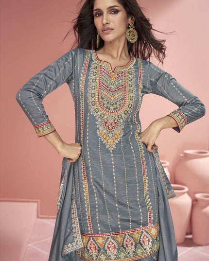 Steel Grey Organza Silk Embroidered Designer Palazzo Kameez