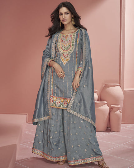 Steel Grey Organza Silk Embroidered Designer Palazzo Kameez