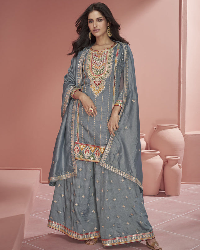 Steel Grey Organza Silk Embroidered Designer Palazzo Kameez