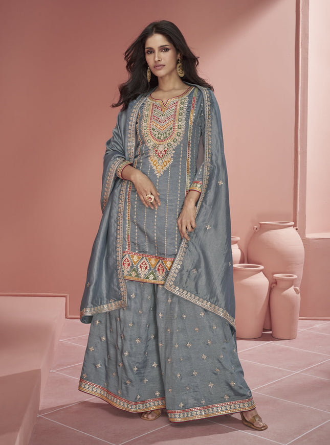Steel Grey Organza Silk Embroidered Designer Palazzo Kameez