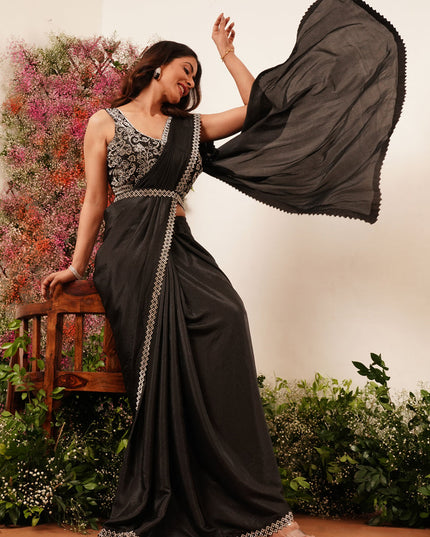 black heavy stone work ready to wear saree