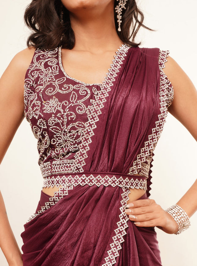 wine heavy stone work ready to wear saree