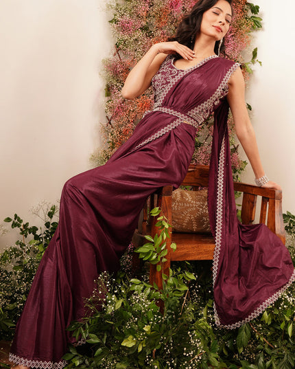 wine heavy stone work ready to wear saree