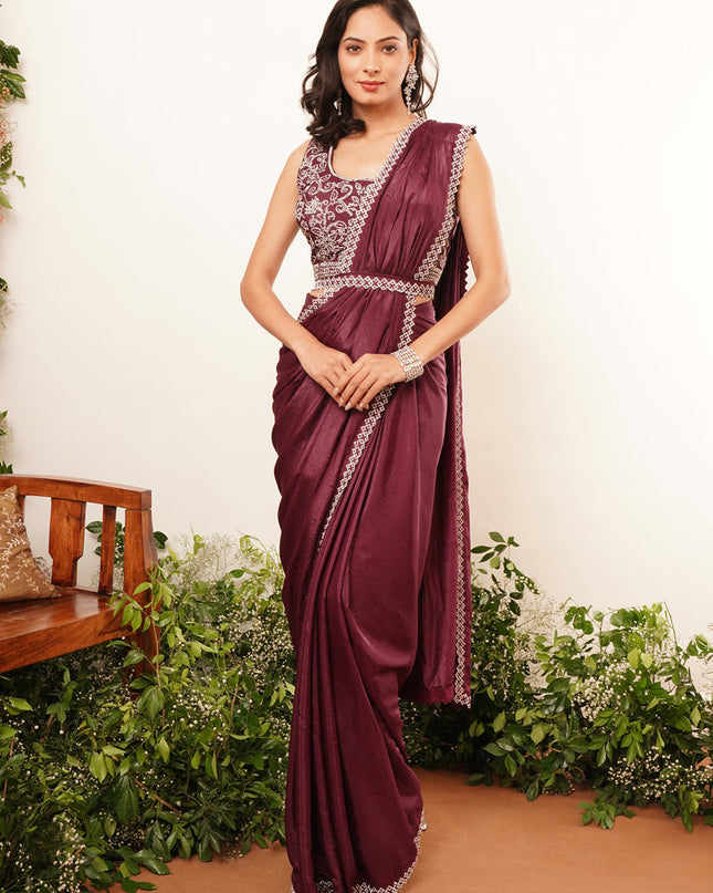 wine heavy stone work ready to wear saree