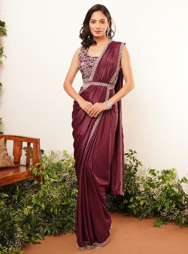 wine heavy stone work ready to wear saree