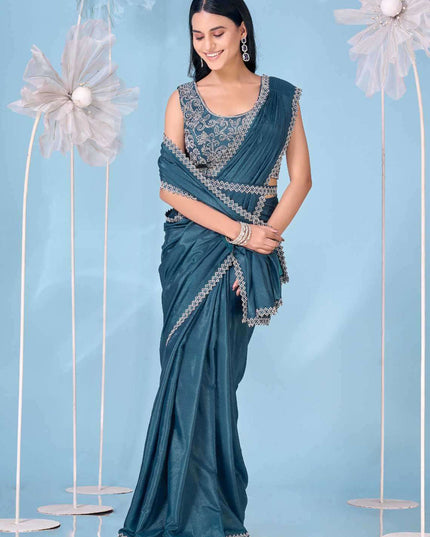 peacock blue heavy stone work ready to wear saree