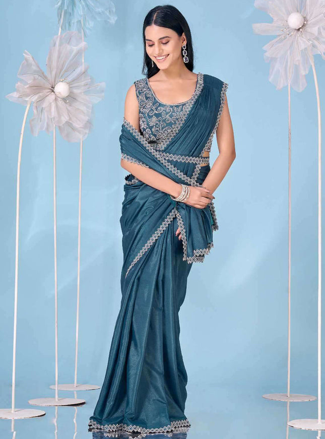 peacock blue heavy stone work ready to wear saree