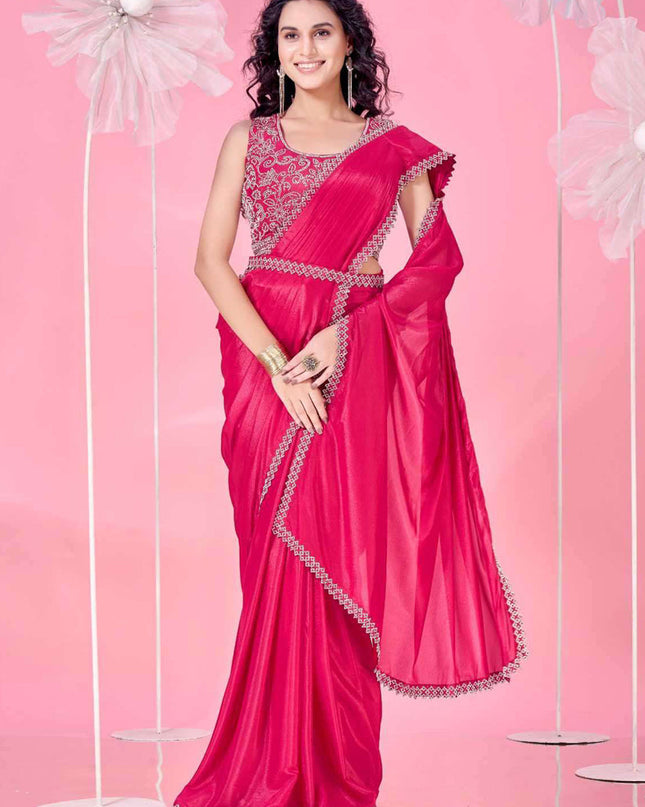rani pink heavy stone work ready to wear saree