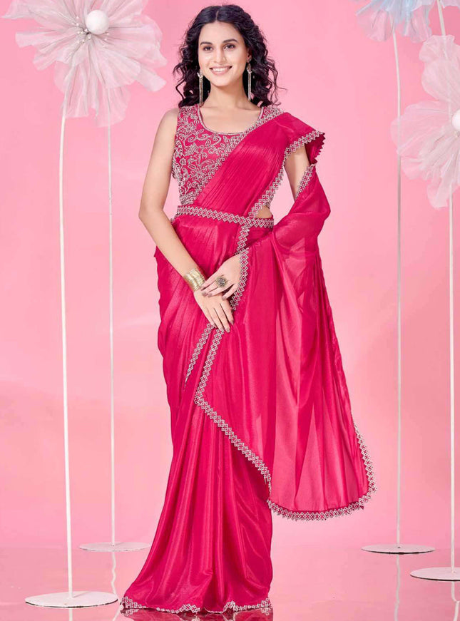rani pink heavy stone work ready to wear saree