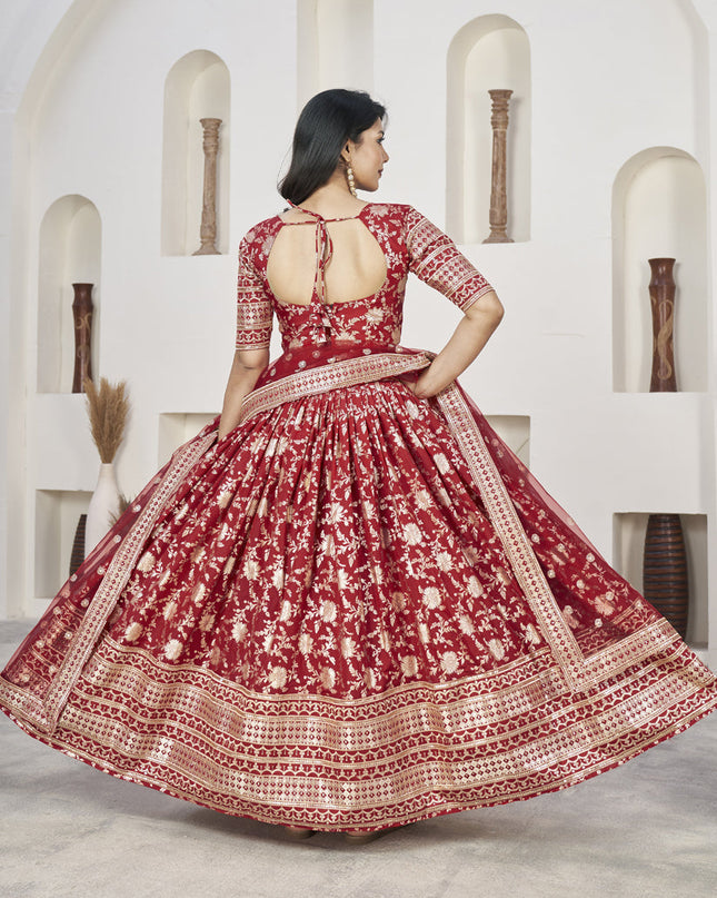 Cherry Red Dola Jacquard Lehenga Choli with Net Dupatta