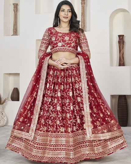 Cherry Red Dola Jacquard Lehenga Choli with Net Dupatta