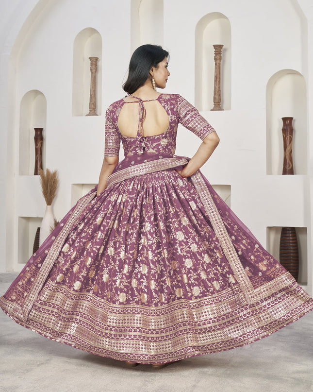 Mauve Dola Jacquard Lehenga Choli with Net Dupatta