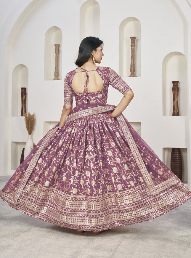 Mauve Dola Jacquard Lehenga Choli with Net Dupatta