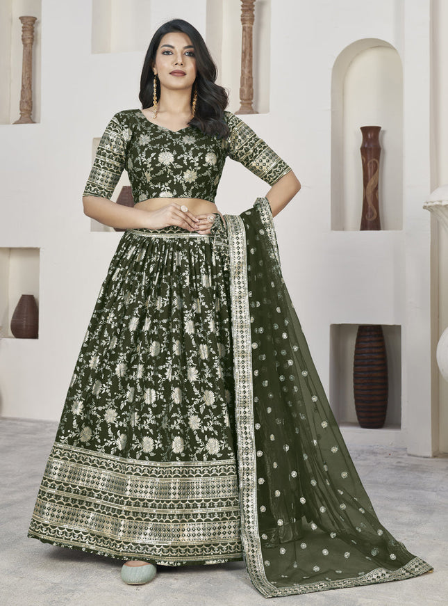 Forest Green Dola Jacquard Lehenga Choli with Net Dupatta