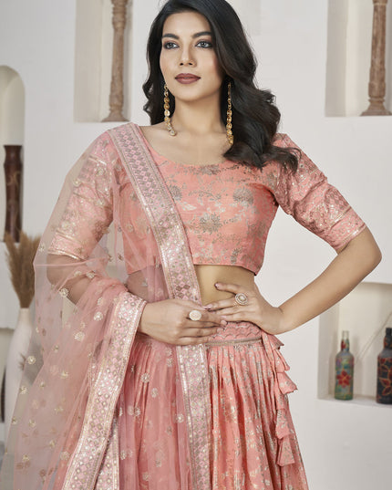 Peach Dola Jacquard Lehenga Choli with Net Dupatta