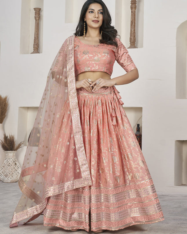 Peach Dola Jacquard Lehenga Choli with Net Dupatta