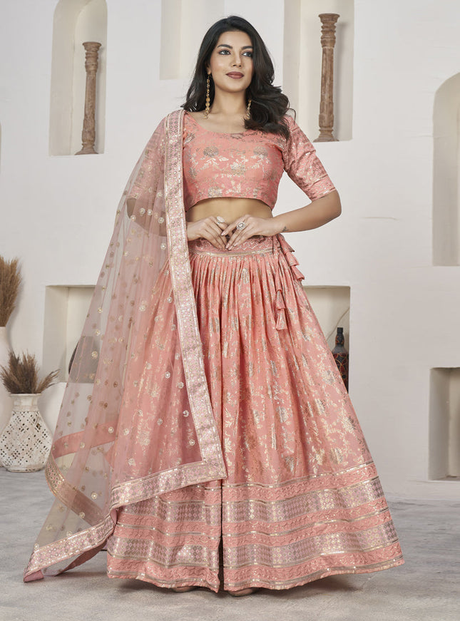 Peach Dola Jacquard Lehenga Choli with Net Dupatta