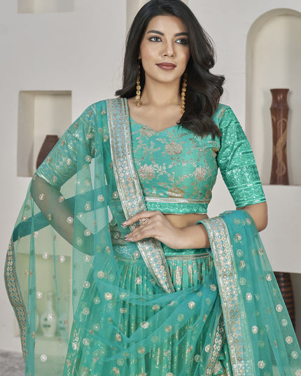 Turquoise Dola Jacquard Lehenga Choli with Net Dupatta