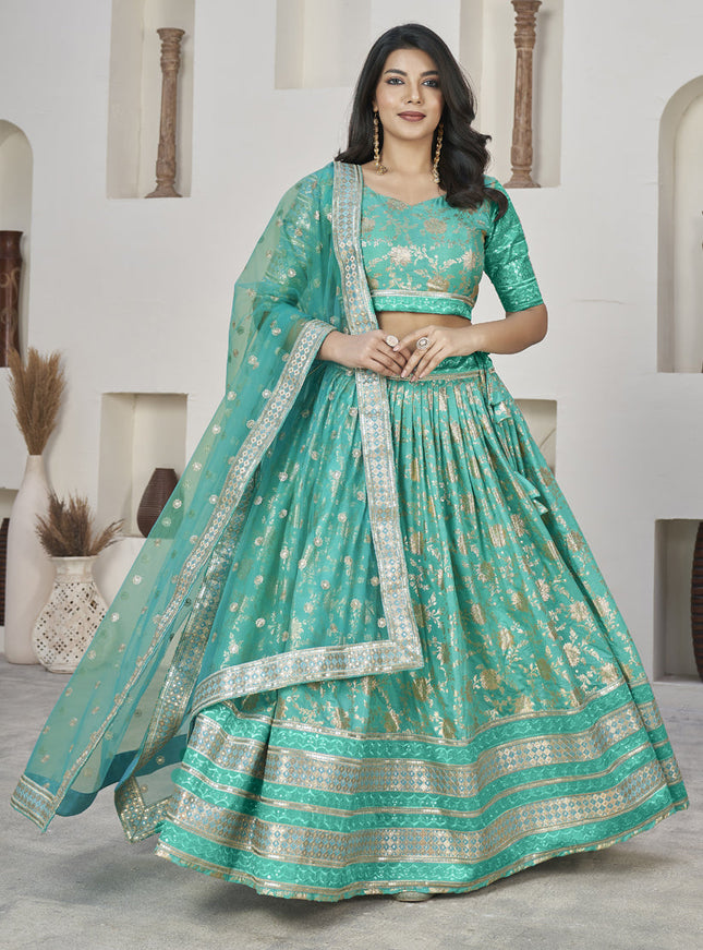 Turquoise Dola Jacquard Lehenga Choli with Net Dupatta