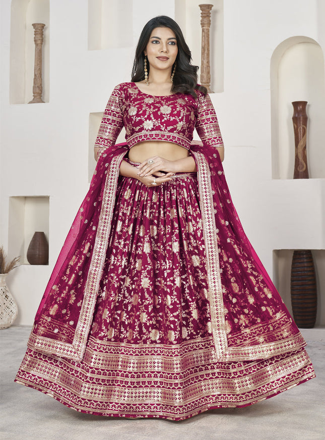 Fuchsia Dola Jacquard Lehenga Choli with Net Dupatta