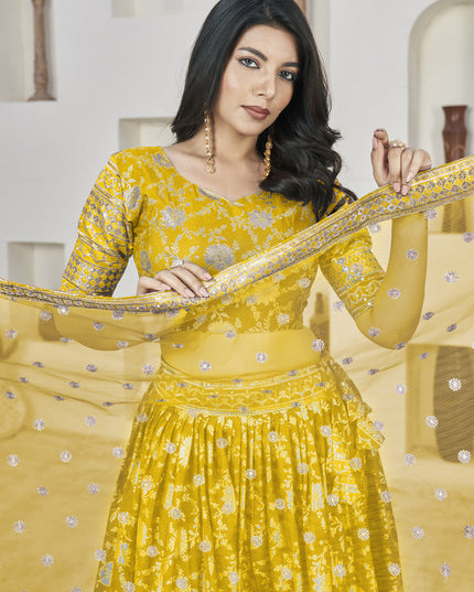 Mustard Dola Jacquard Lehenga Choli with Net Dupatta