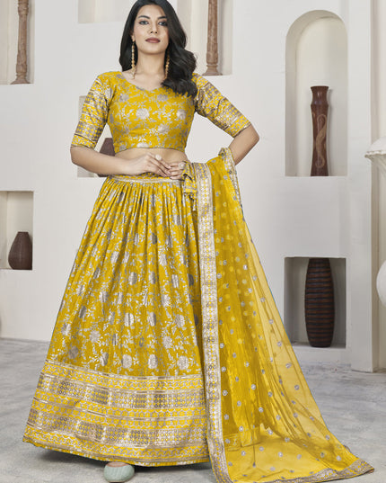 Mustard Dola Jacquard Lehenga Choli with Net Dupatta