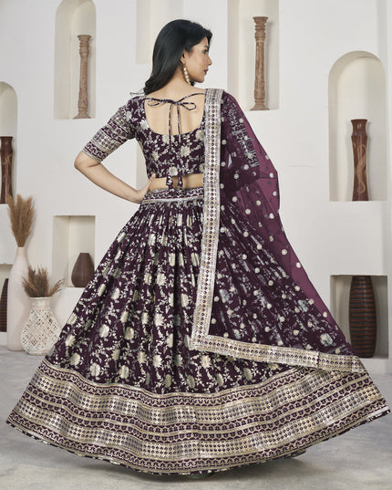 Burgundy Dola Jacquard Lehenga Choli with Net Dupatta