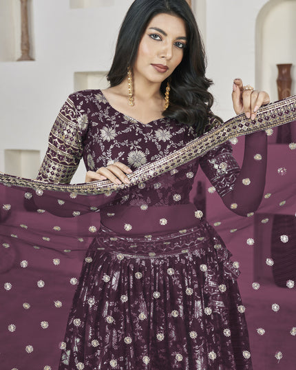Burgundy Dola Jacquard Lehenga Choli with Net Dupatta