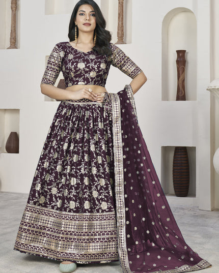 Burgundy Dola Jacquard Lehenga Choli with Net Dupatta
