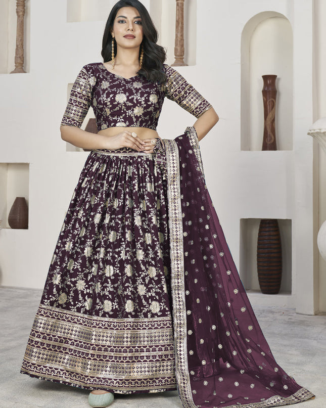 Burgundy Dola Jacquard Lehenga Choli with Net Dupatta