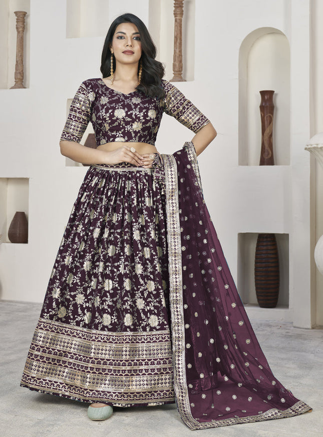 Burgundy Dola Jacquard Lehenga Choli with Net Dupatta