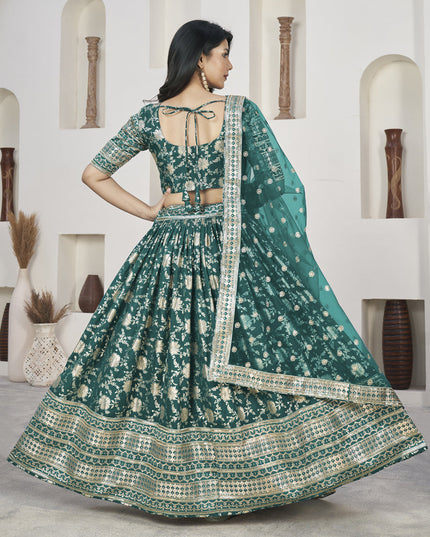 Rama Green Dola Jacquard Lehenga Choli with Net Dupatta