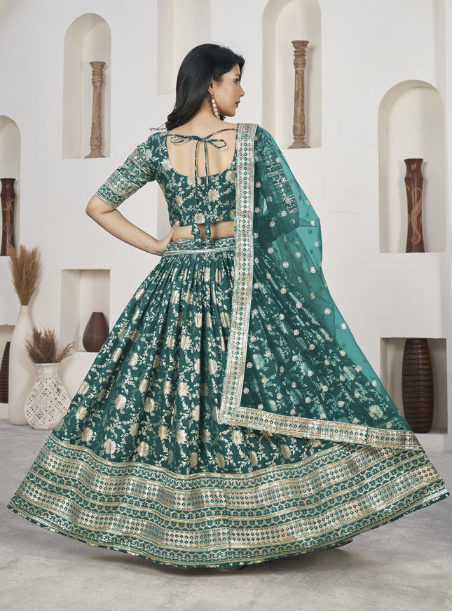 Rama Green Dola Jacquard Lehenga Choli with Net Dupatta