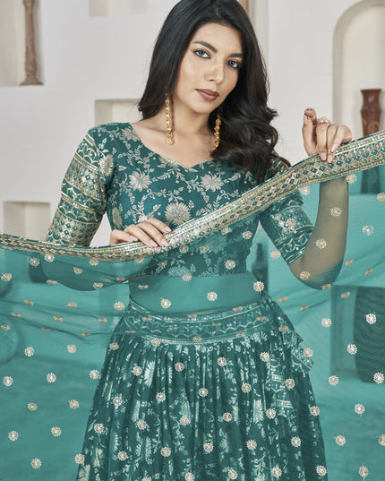 Rama Green Dola Jacquard Lehenga Choli with Net Dupatta