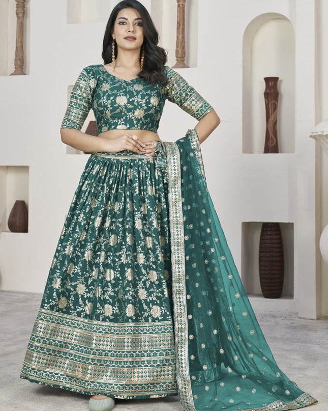 Rama Green Dola Jacquard Lehenga Choli with Net Dupatta
